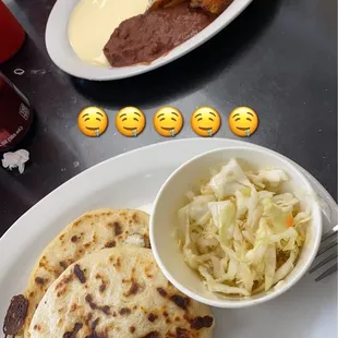 Pupusas, plantains and cream and refried beans.