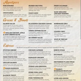 Dinner menu