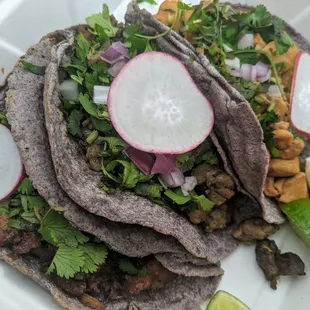 Asada, Pollo and Al pastor tacos