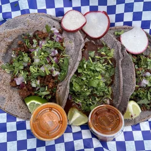 tacos: chorizo, mole, and al pastor  fresh, organic, hand made blue corn tortillas