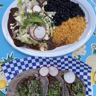 mole enchiladas and 3 tacos: chorizo, mole, and al pastor