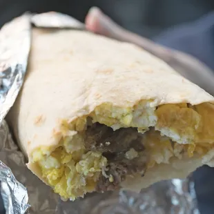 Fajita, egg, and cheese breakfast burrito