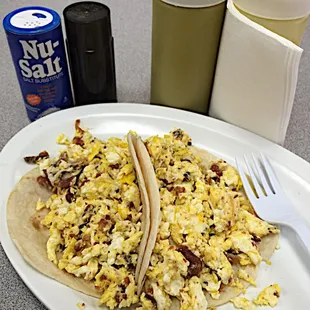 The magic words - &quot;Breakfast All Day!&quot; Two bacon&amp;egg = $3.66 total. Great verde. Gotta love the Nu-Salt.
