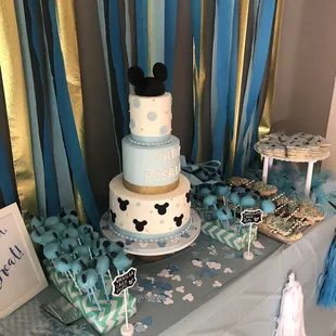 a table with a cake and cupcakes