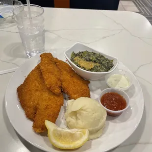 Fried Flounder, Mashed potatoes, spinach gratin