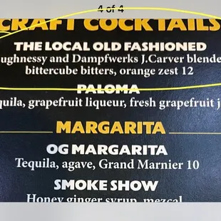 the menu for craft cocktails