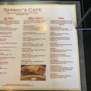 the menu for tiffany's cafe