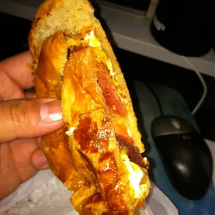 breakfast sandwich croissant with egg bacon and cheese. $4.29...