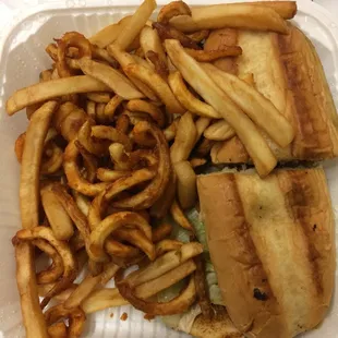 Cheeseburger with French Fries and Curly Fries.