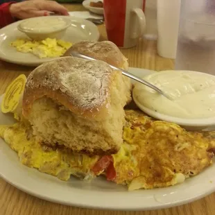 The Audrey Hepburn omelet with hashbrowns and biscuits and gravy!