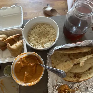 Chicken tikka masala, non-veggie samosas white rice