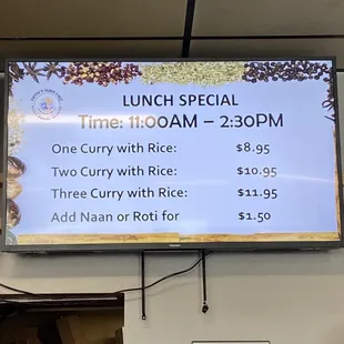 a menu for lunch special