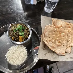 My main dish - plain paratha and saag paneer (spinach with cheese dish) with rice. Very tasty!