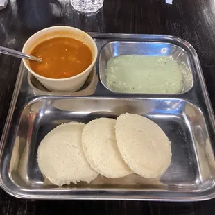 Appetizer - idli and sambar with coconut chutney