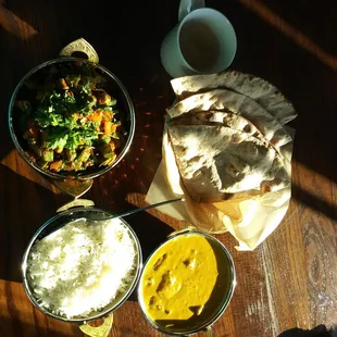 Roti, lamb korma, bhindi Sabin, rice and chai