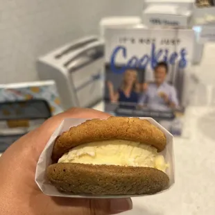 a hand holding an ice cream sandwich