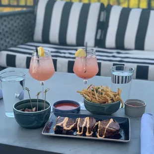 Drinks Basil Strawberry Vodka Smash  Tiger Fries Jamaican Pickin chicken and   sake marinated short ribs so so so good
