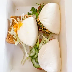 Traditional Pork Belly Bao, Crispy Cod Bao, Char Siu Chicken Bao