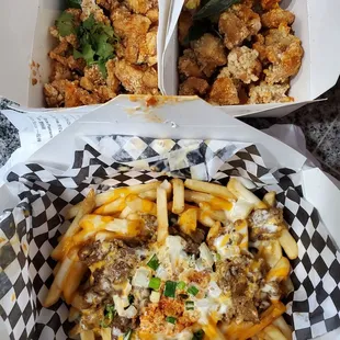 Thai Chili Chicken, Five Spice Chicken, and Tiger Fries