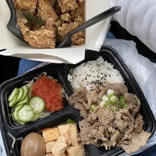 Kalbi Beef Rice Bowl and 5 Spice Popcorn Chicken Small Plate