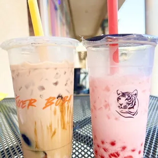 Dirty Tiger &amp; Strawberry Iced-Milk w/strawberry hearts &amp; added popping boba.