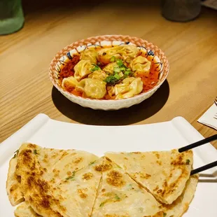 Scallion pancakes &amp; Chengdu chili oil wonton