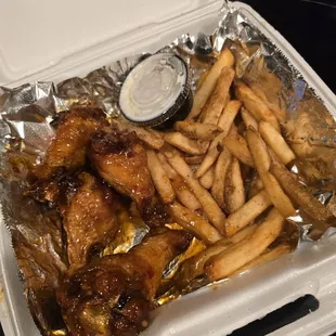 Sweet Chili wings with seasoned fries always hit the spot!