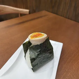 Tiger ramen (onigiri) - chashu with nitamago, sauteed green onion with sesame oil, crispy garlic, chilli oil