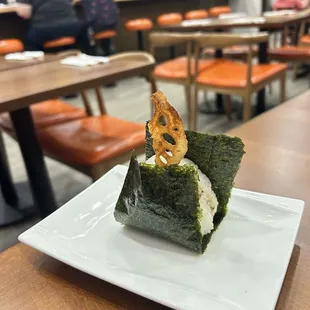 Tofu soboro (onigiri) - Soy and chilli seasoned tofu with lotus root chip