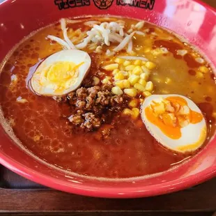 Spicy Miso Ramen with crumbled pork and corn -- yum!!!