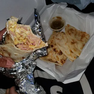 $3 Ham n egg breakfast burrito and $3 carne asada quesadilla..