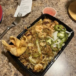 Shrimp Garlic Fried Rice, add Vegetables, Make it Spicy. Crab Rangoon