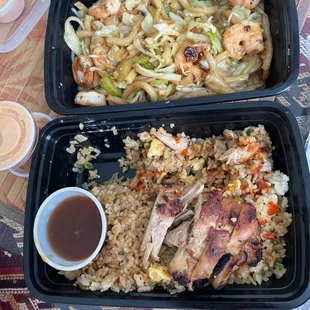 Shrimp yaki udon &amp; garlic fried rice with char chicken add on.