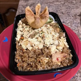 Chicken Garlic Fried Rice, add Scrambled Egg, Make it Spicy. Crab Rangoon