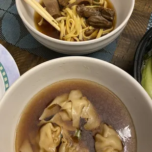 Taiwanese Spicy Beef Noodle Soup - top Wonton Soup - bottom