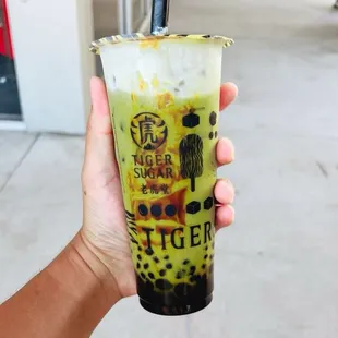 Matcha Black Sugar Boba Milk with Cream Mousse