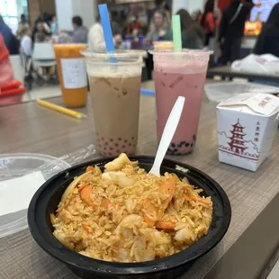The milk teas and the Shrimp Fried Rice