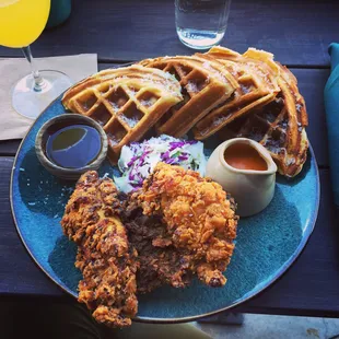 Fried chicken tikka masala and waffles