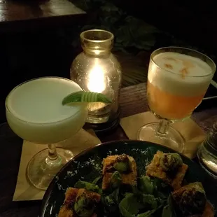 Cocktails with Sunchoke &amp; Sesame Fry Bread.