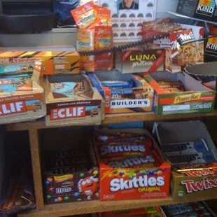 a shelf full of snacks