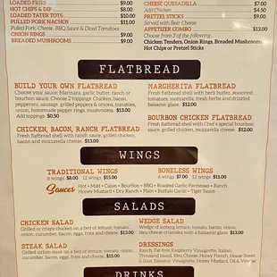 Appetizers, Flatbreads, Wings, Salads, and Drinks