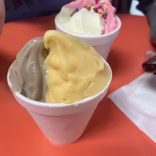 Oreo/mango, vanilla/raspberry with sprinkles
