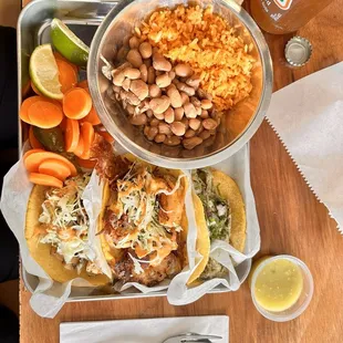 3 Taco Plate: (L-R) chicken, shrimp, raja tacos
