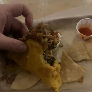 Queso taco with carnitas was loaded with cheese.  Nice crispy carnitas as well.