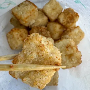 Spicy tofu squares are tasty