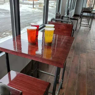 a row of tables in a restaurant