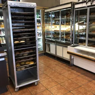 Fresh conchas in the outside rack. The other glass racks were stacked up with bread.