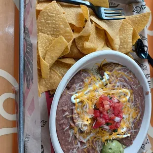Custom made bean bowl with tortilla chips
