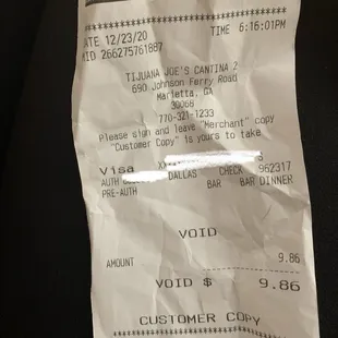 the receipt for the restaurant