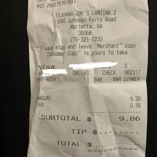 the receipt for the restaurant